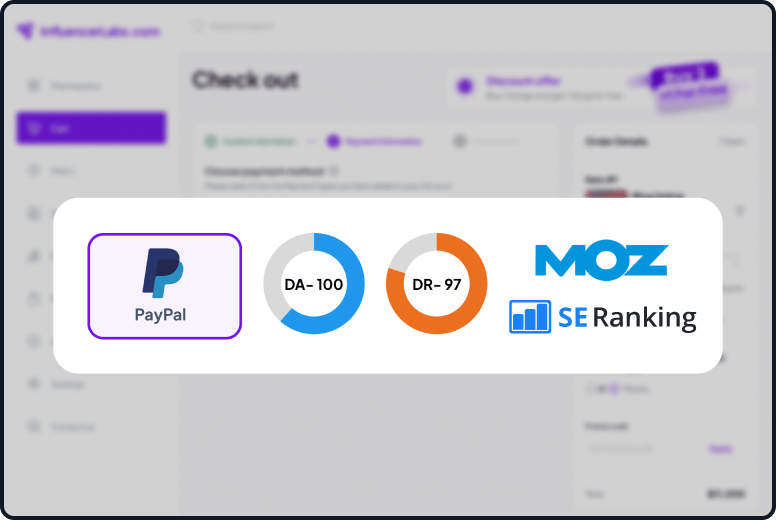 Integration with PayPal, MOZ and SERanking - Payment by paypal, card or wire transfer and use industry tools for SEO Metrics.